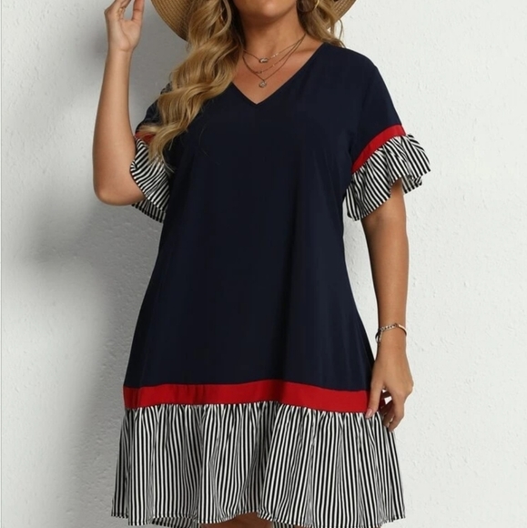 SHEIN Women's Contrast Stripped Flounce Sleeve Smock Dress NWOT - Picture 3 of 14